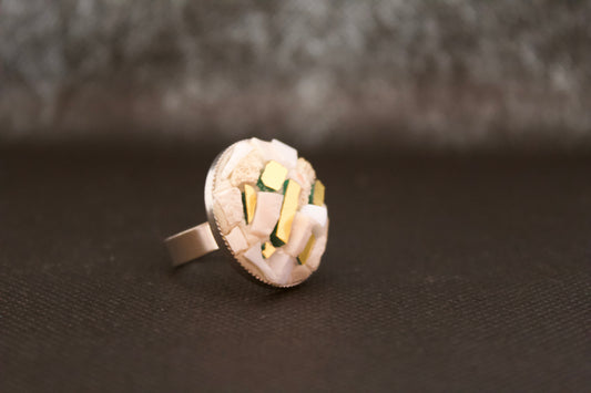 White micromosaic ring with pure gold enamel tiles on an adjustable hypoallergenic stainless steel base
