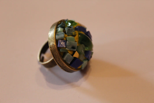 "Blue Volcano" micromosaic ring with hypoallergenic brass base, ø 3 cm, adjustable