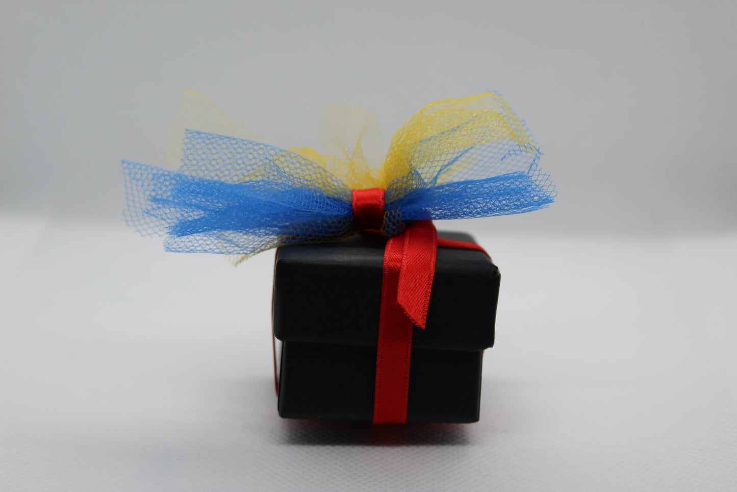 Scatolina nera con fiocco rosso su sfondo bianco