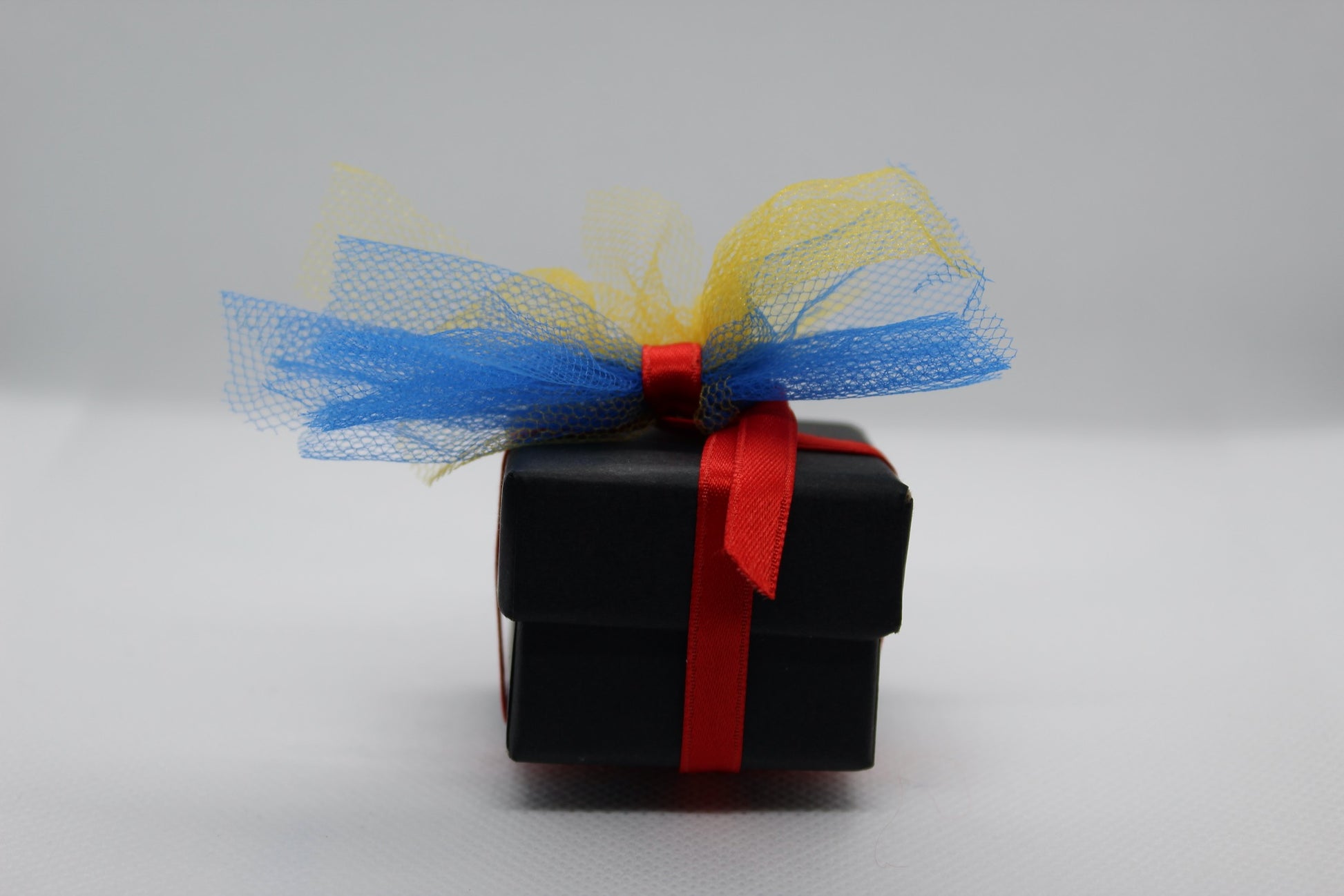 Scatolina nera con fiocco rosso su sfondo bianco